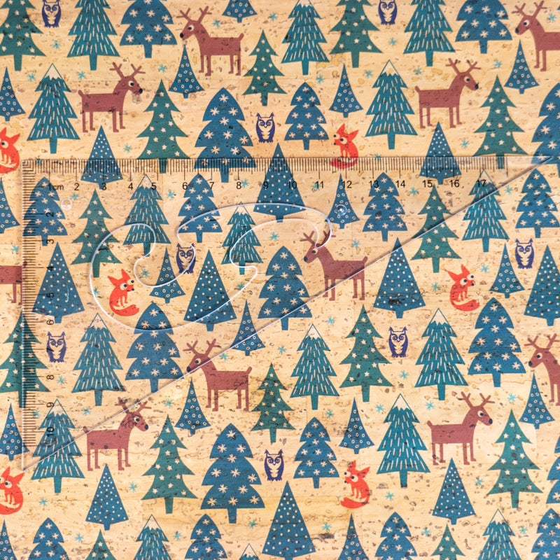 Holiday Special - Reindeer Foxes & Snowy Trees on Natural Cork Fabric COF-13 1/2M (138*50 cm / 54*19 inches) cork fabric