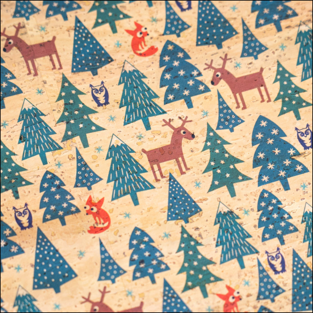 Holiday Special - Reindeer Foxes & Snowy Trees on Natural Cork Fabric COF-13 1/2M (138*50 cm / 54*19 inches) cork fabric