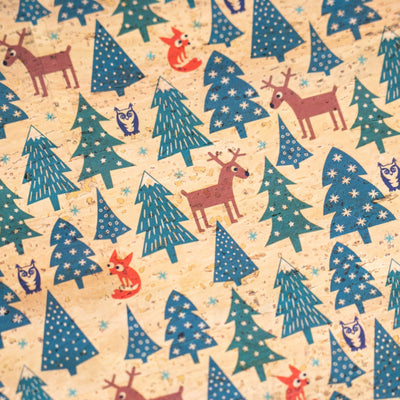 Holiday Special - Reindeer Foxes & Snowy Trees on Natural Cork Fabric COF-13 1/2M (138*50 cm / 54*19 inches) cork fabric