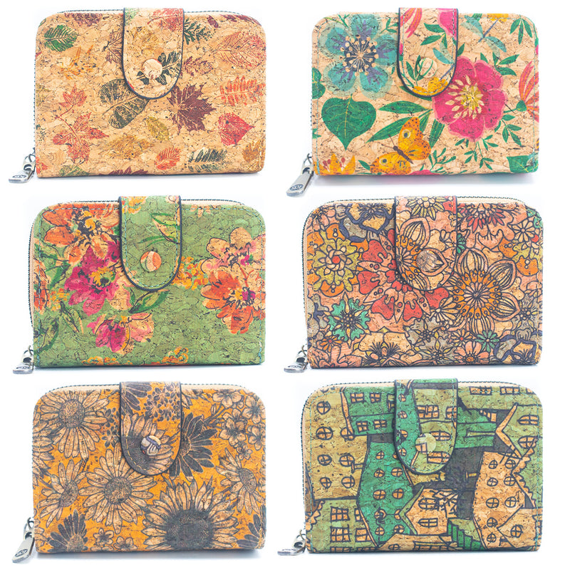 6 Cork card Wallets with Floral Print Patterns (6 Units) HY-035-MIX-6