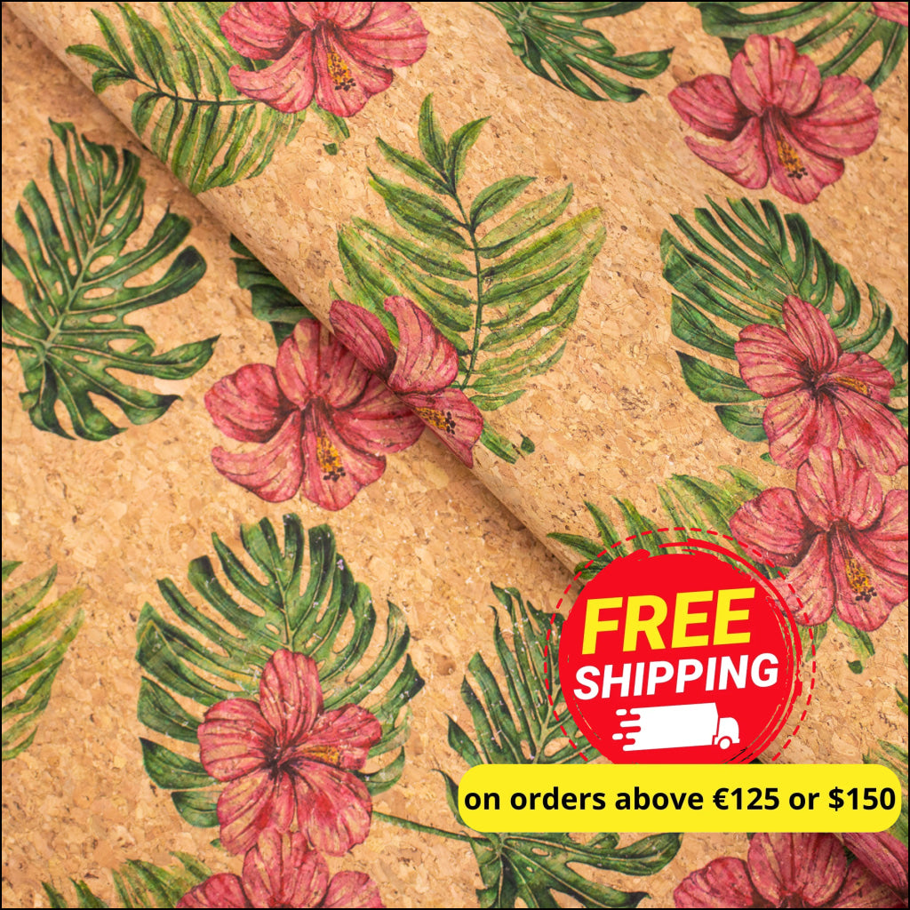 Large Flower And Palm Leaves Pattern Cork Fabric Cof-393 Cork