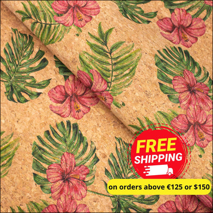 Large Flower And Palm Leaves Pattern Cork Fabric Cof-393 Cork
