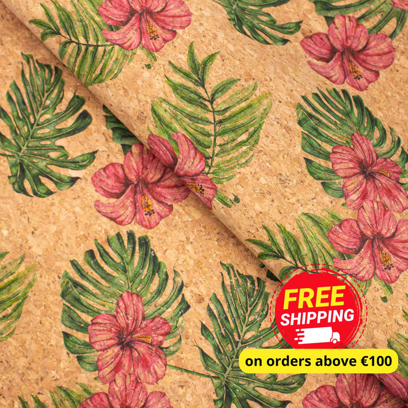 Large Flower And Palm Leaves Pattern Cork Fabric Cof-393 Cork