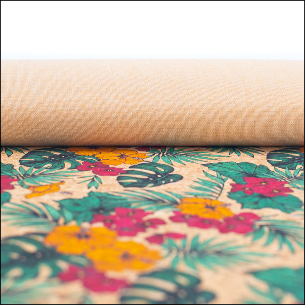 Large Flower And Palm Leaves Pattern Cork Natural Fabric Cof-284-B Cork Fabric