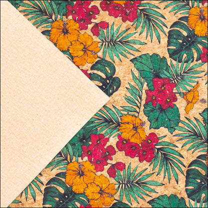 Large Flower And Palm Leaves Pattern Cork Natural Fabric Cof-284-B Cork Fabric
