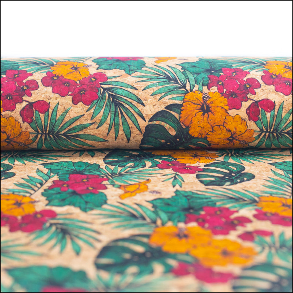 Large Flower And Palm Leaves Pattern Cork Natural Fabric Cof-284-B Cork Fabric