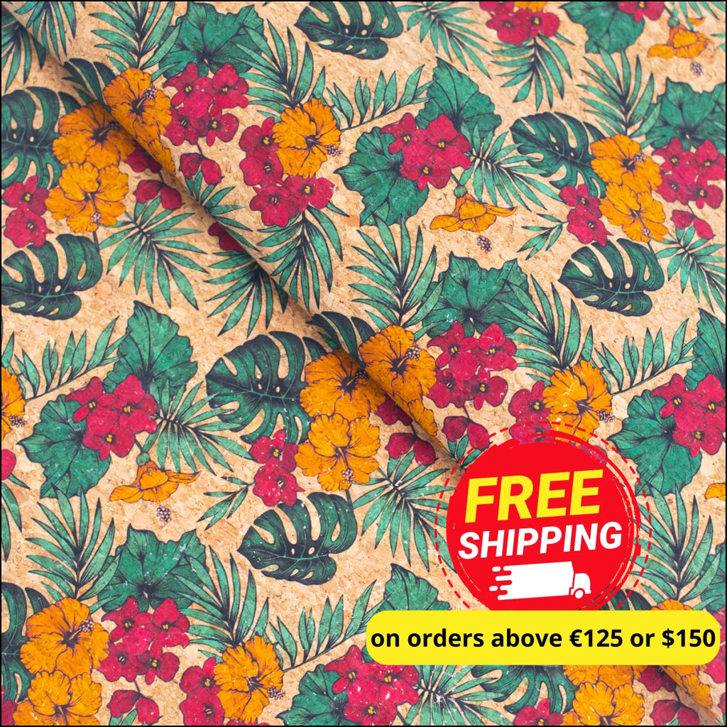 Large Flower And Palm Leaves Pattern Cork Natural Fabric Cof-284-B Cork Fabric