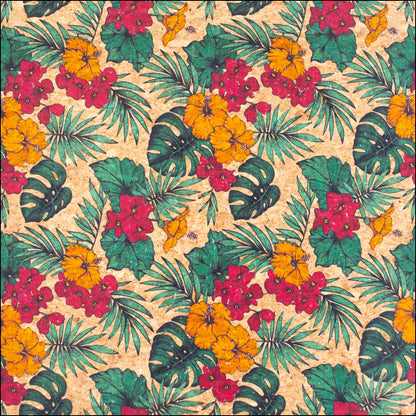 Large Flower And Palm Leaves Pattern Cork Natural Fabric Cof-284-B Cork Fabric