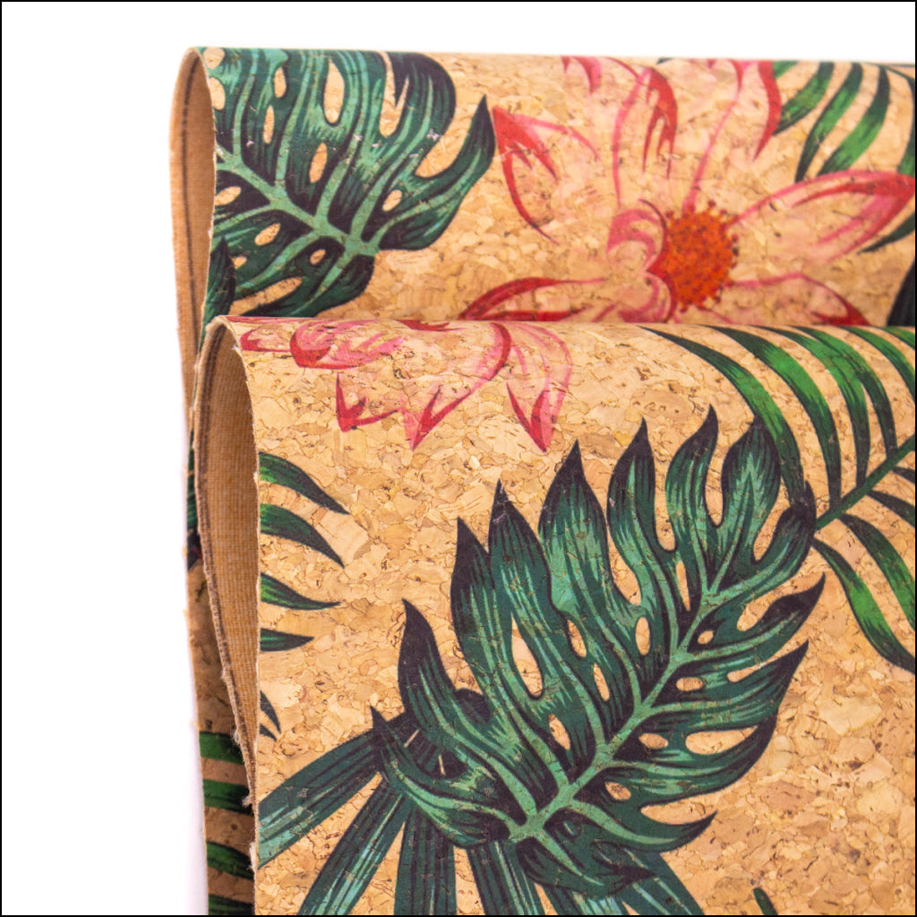 Leaves Flower Pattern Cork Leather Fabric Cof-396