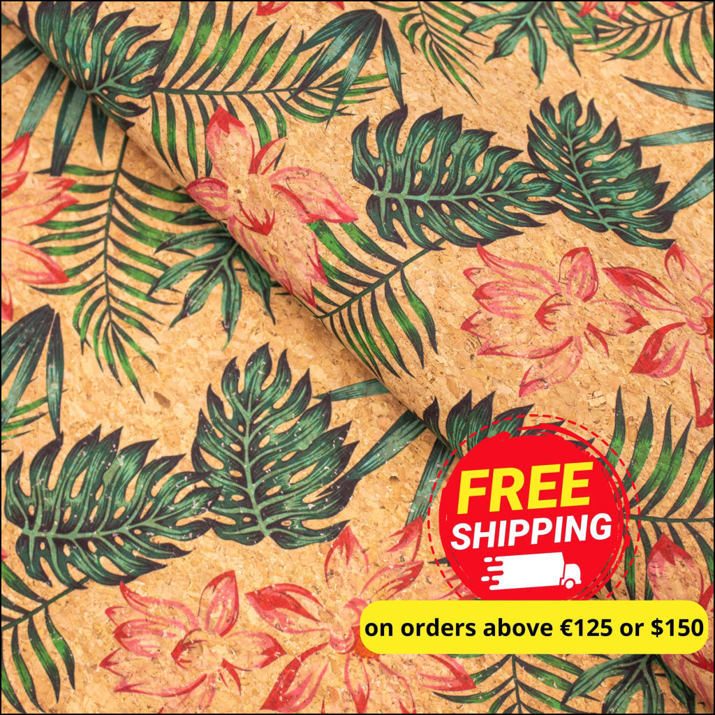 Leaves Flower Pattern Cork Leather Fabric Cof-396