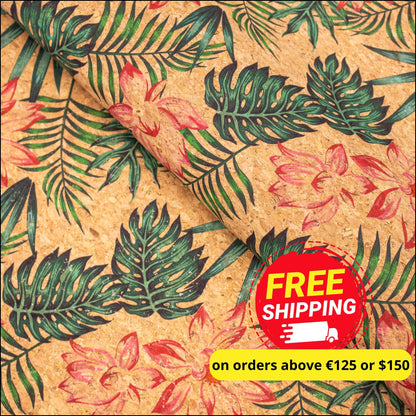 Leaves Flower Pattern Cork Leather Fabric Cof-396