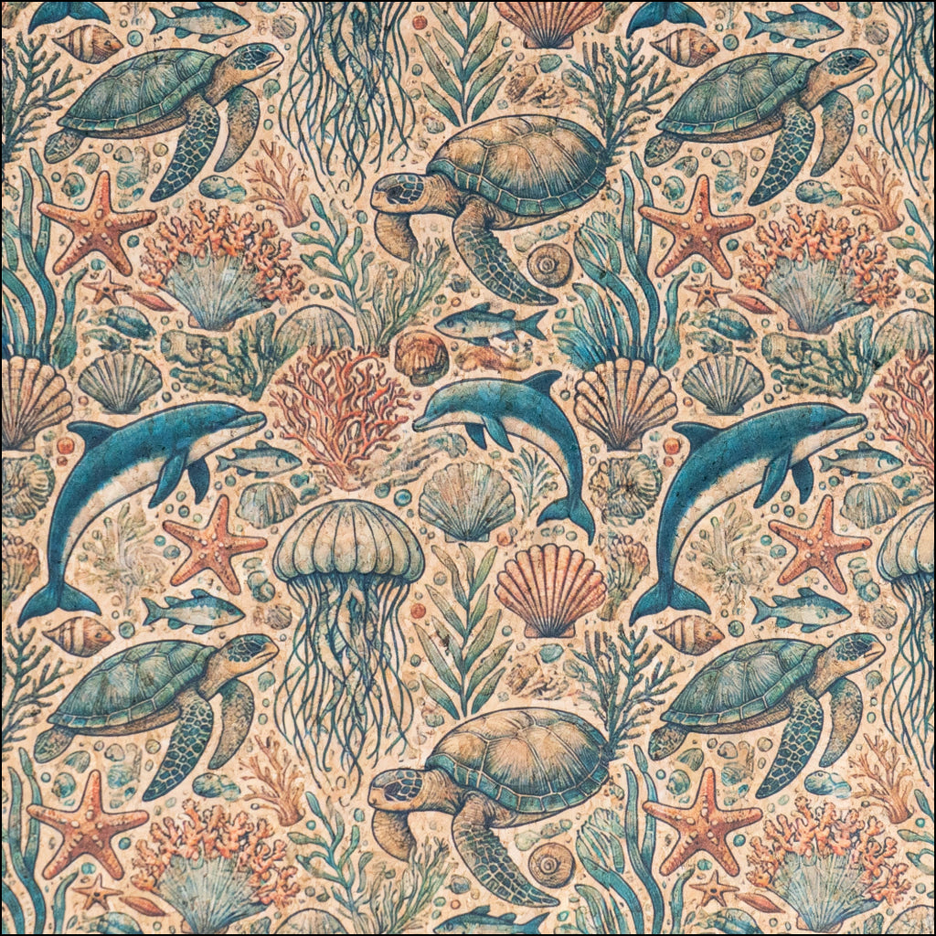 Marine series of marine life Pattern Cork fabric COF-722 1/2M (138*50 cm / 54*19 inches) cork fabric