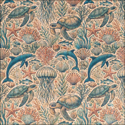 Marine series of marine life Pattern Cork fabric COF-722 1/2M (138*50 cm / 54*19 inches) cork fabric