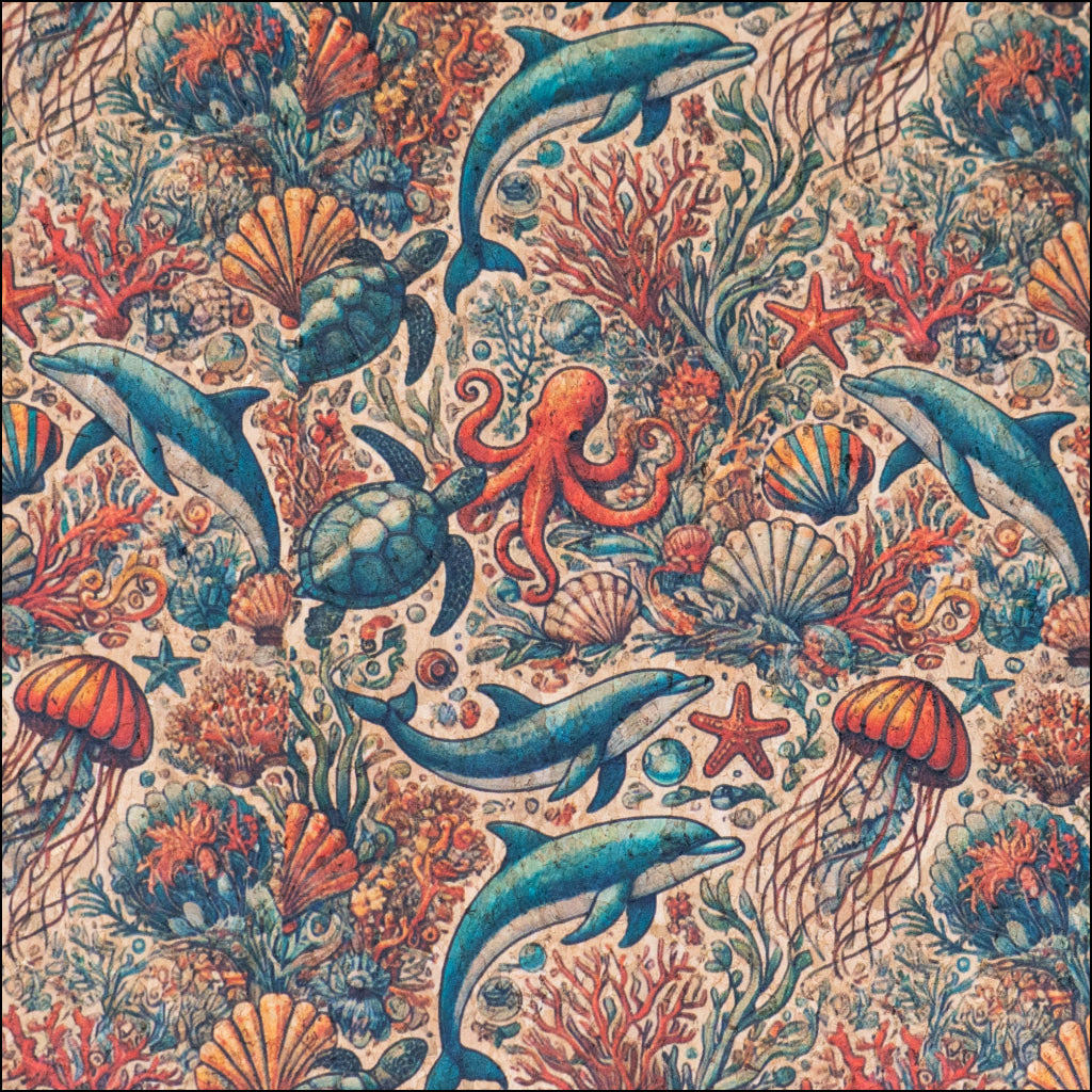 Marine series of marine life Pattern Cork fabric COF-724 1/2M (138*50 cm / 54*19 inches) cork fabric
