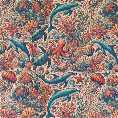 Marine series of marine life Pattern Cork fabric COF-724 1/2M (138*50 cm / 54*19 inches) cork fabric