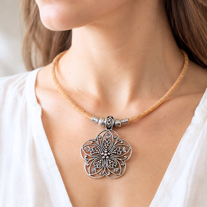 Portuguese Handmade Cork Necklace with Floral Alloy Pendant NE-1093-4