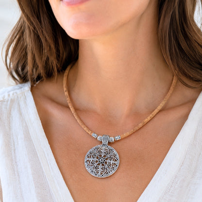 Portuguese Handmade Cork Necklace with Filigree Round Alloy Pendant NE-1094-4