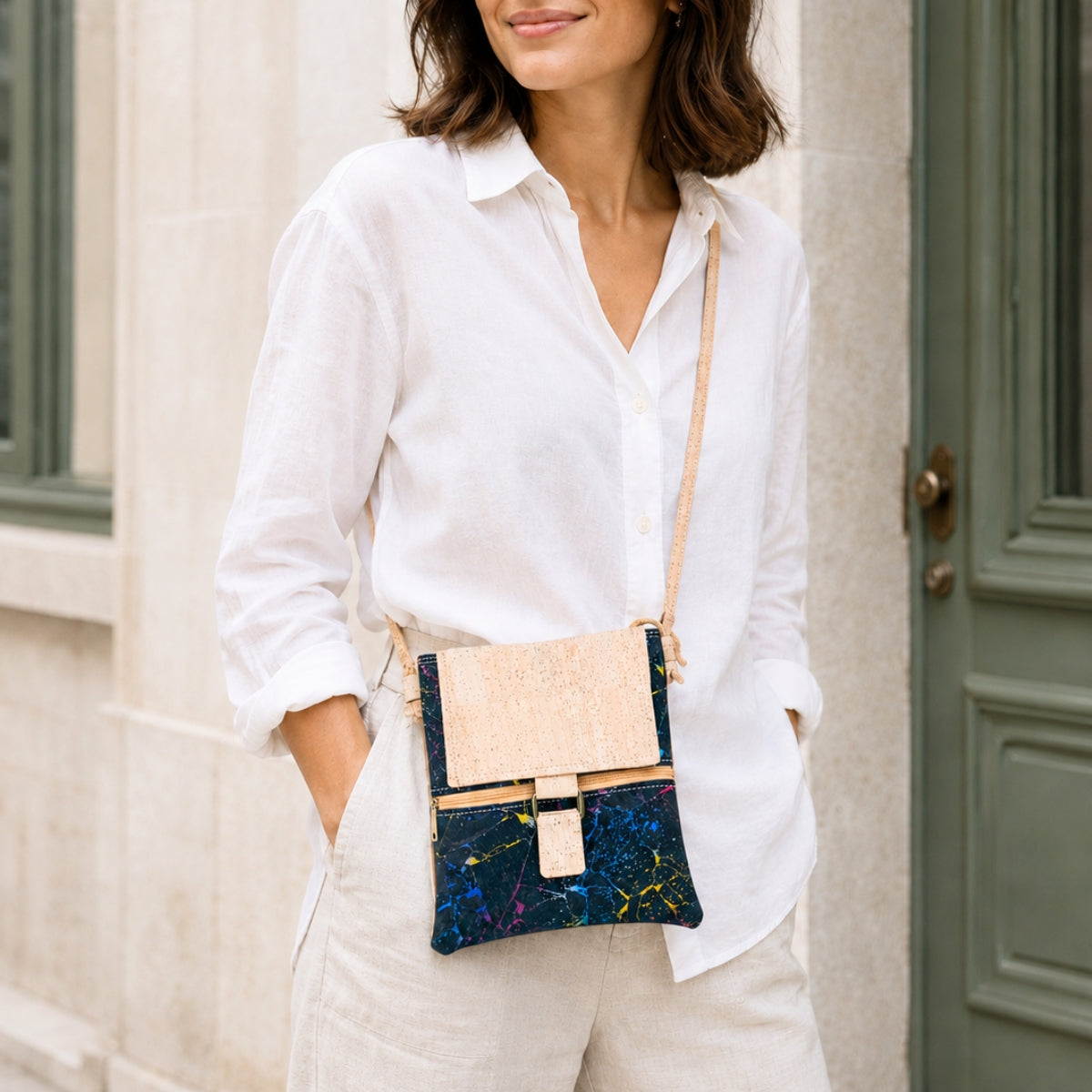 Premium Natural Cork Crossbody Bag with Flap and Front Zip Pocket BAGP-389