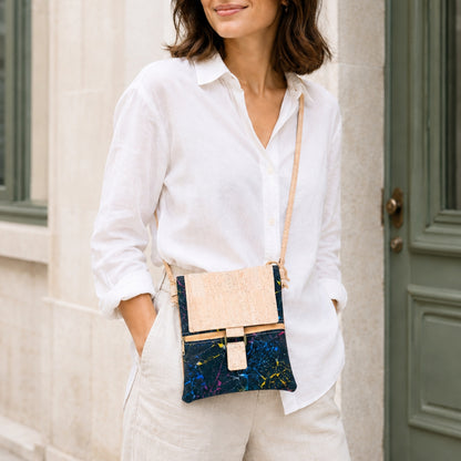 Premium Natural Cork Crossbody Bag with Flap and Front Zip Pocket BAGP-389