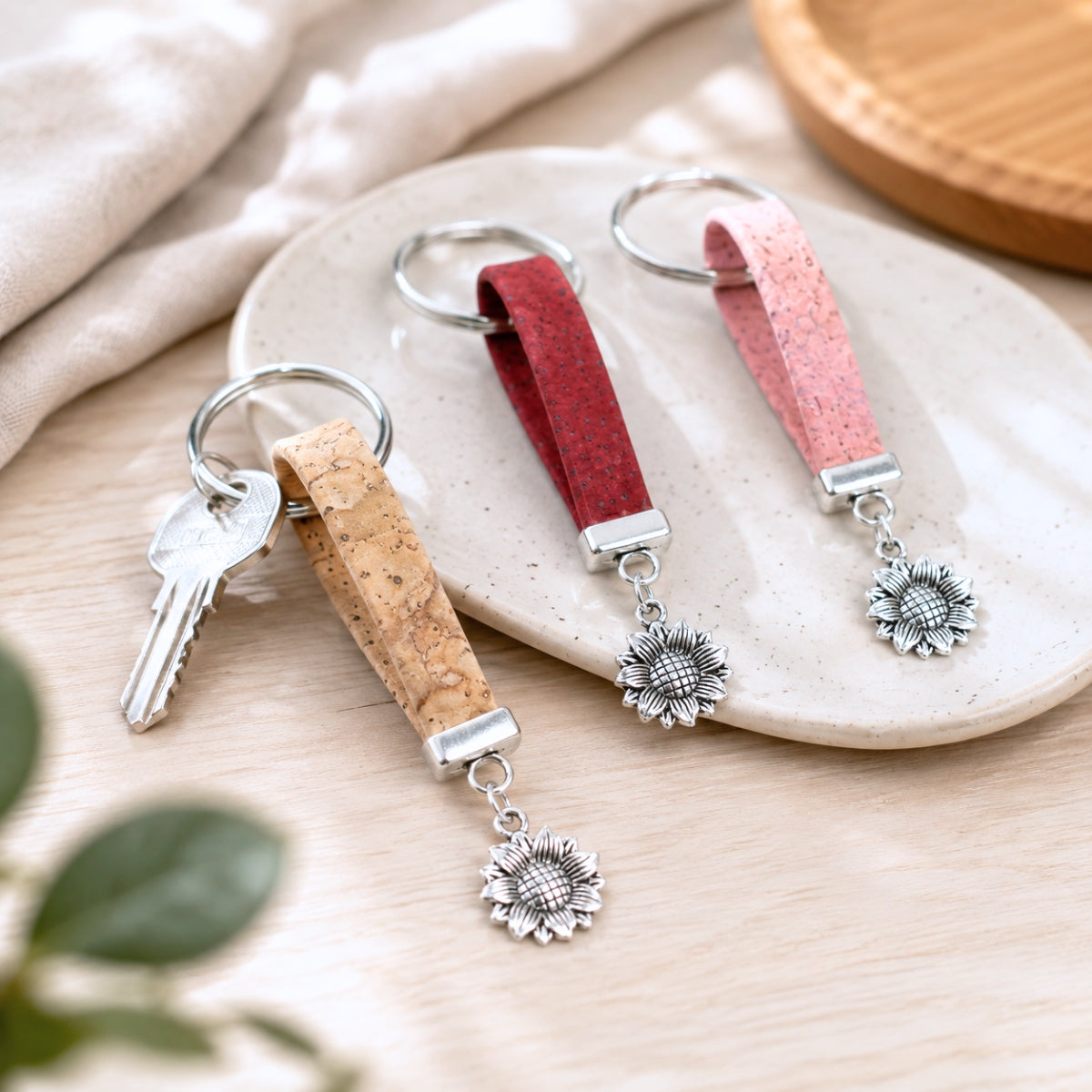 Natural Cork Keychain with Sunflower Charm I-066-MIX-10