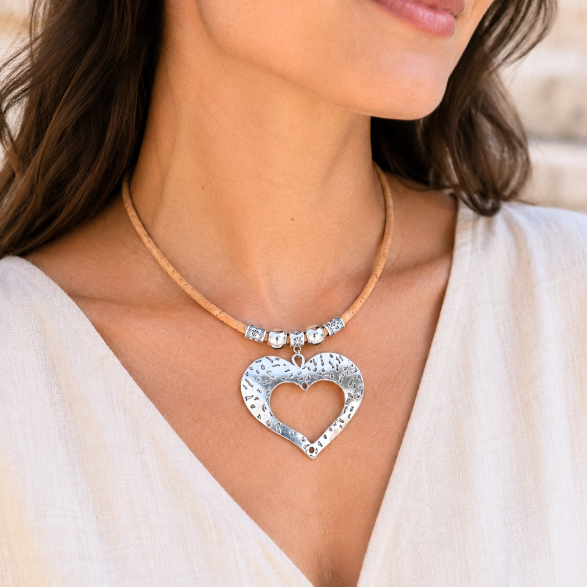 Portuguese Handmade Cork Necklace with Open Heart Pendant NE-1097-3