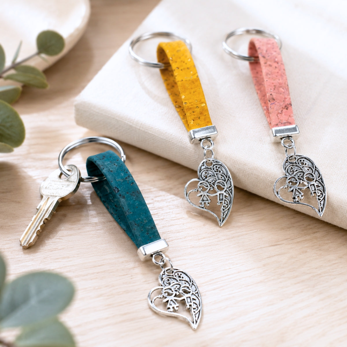 Natural Cork Keychain with Heart &amp; Children Charm I-080-MIX-10