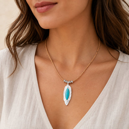 Natural Cork Necklace with Turquoise Leaf Pendant – Handmade in Portugal N-187-5