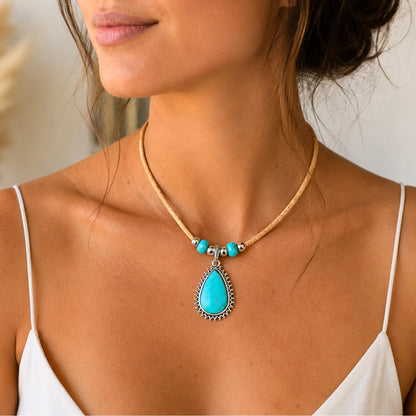 Handmade 5mm Natural Cork Necklace with Turquoise-Colored Pendant N-205-3