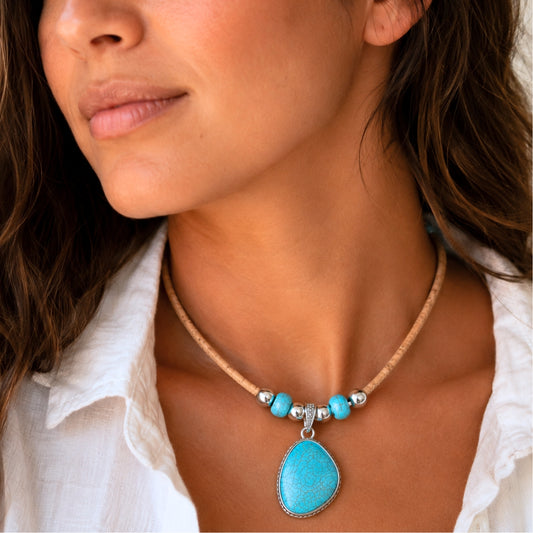 Handmade 5mm Natural Cork Necklace with Turquoise-Colored Pendant NE-1043-3