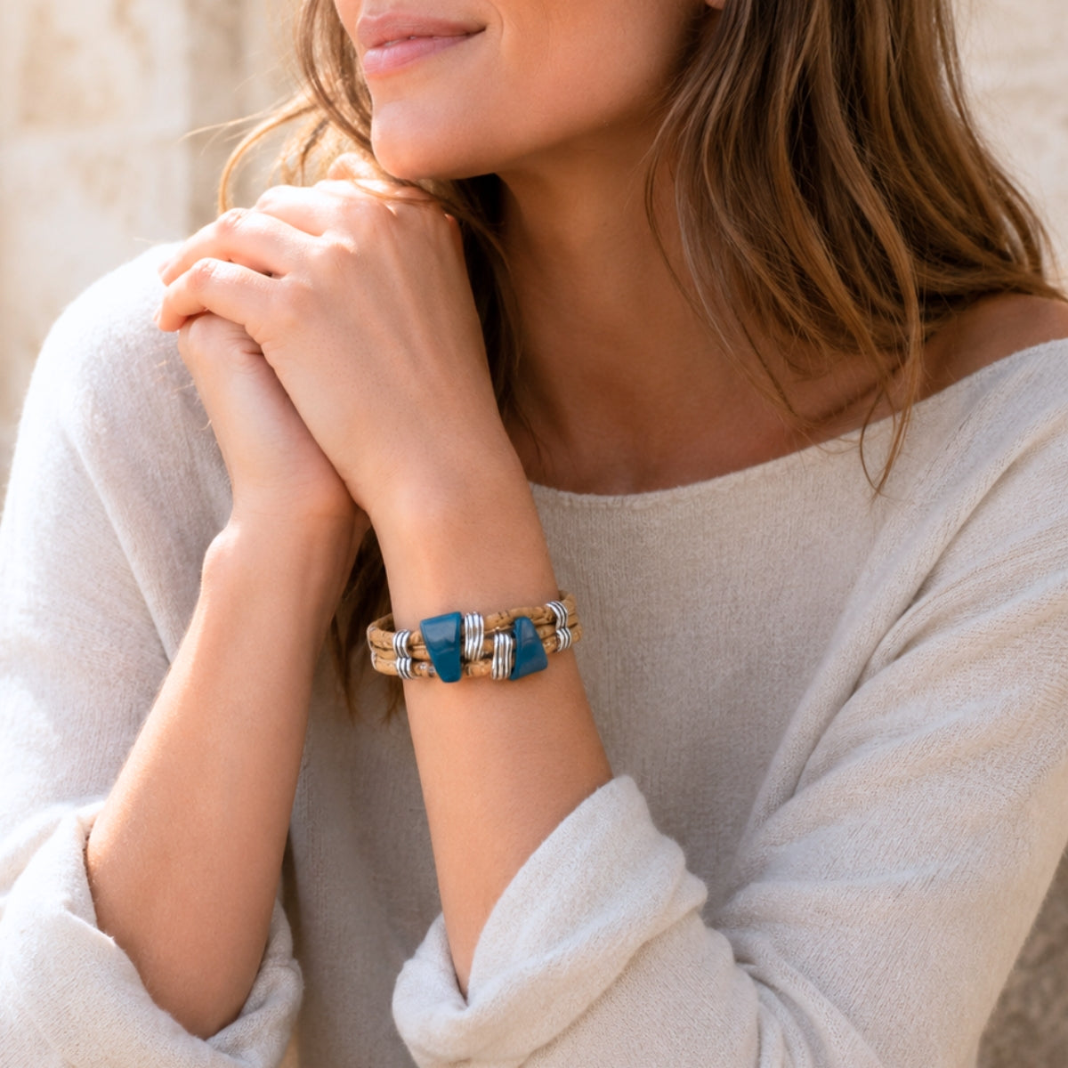 Portuguese Handmade Cork Bracelet with Ceramic Beads &amp; Antique Silver Alloy Spacers BR-529-MIX-5