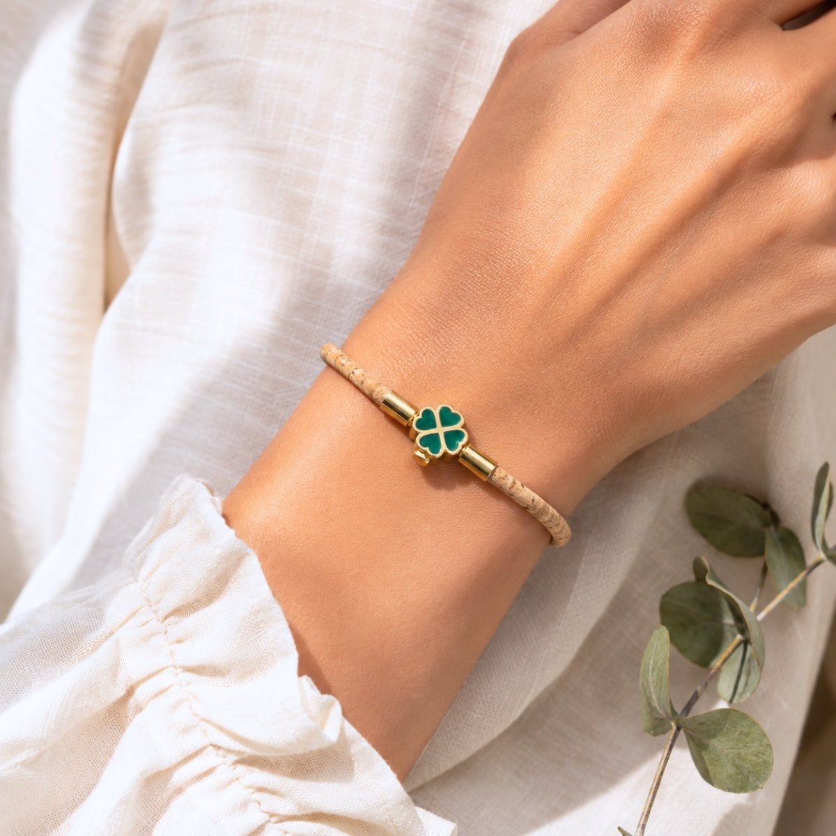 Handmade 3mm Natural Cork Bracelet with Stainless Steel Clover Clasp BR-416-A/B-MIX-6