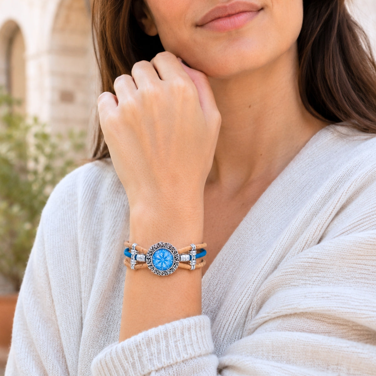 Portuguese Handmade Cork Bracelet with Decorative Tile-Inspired Cabochon BR-530-5