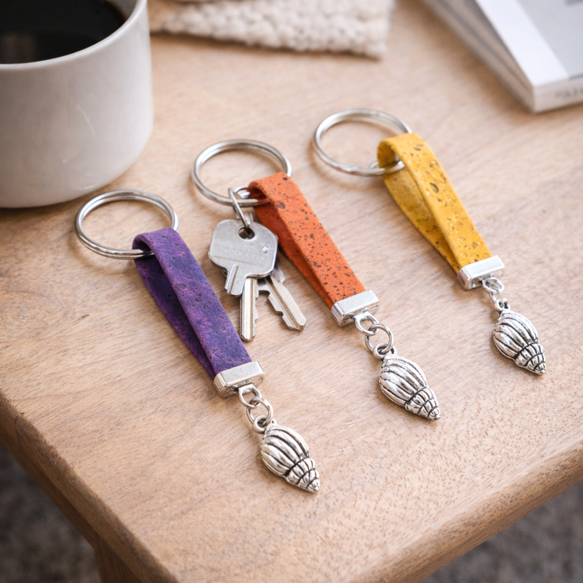 Portuguese Handmade Cork Cord Keychain with Seashell Charm – 10 Color Assortment  I-107-MIX-10