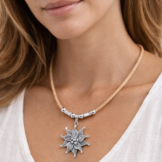 5 colors of Cork Cord Necklace with Edelweiss Pendant – Natural &amp; Elegant Design NE-1085-MIX-5