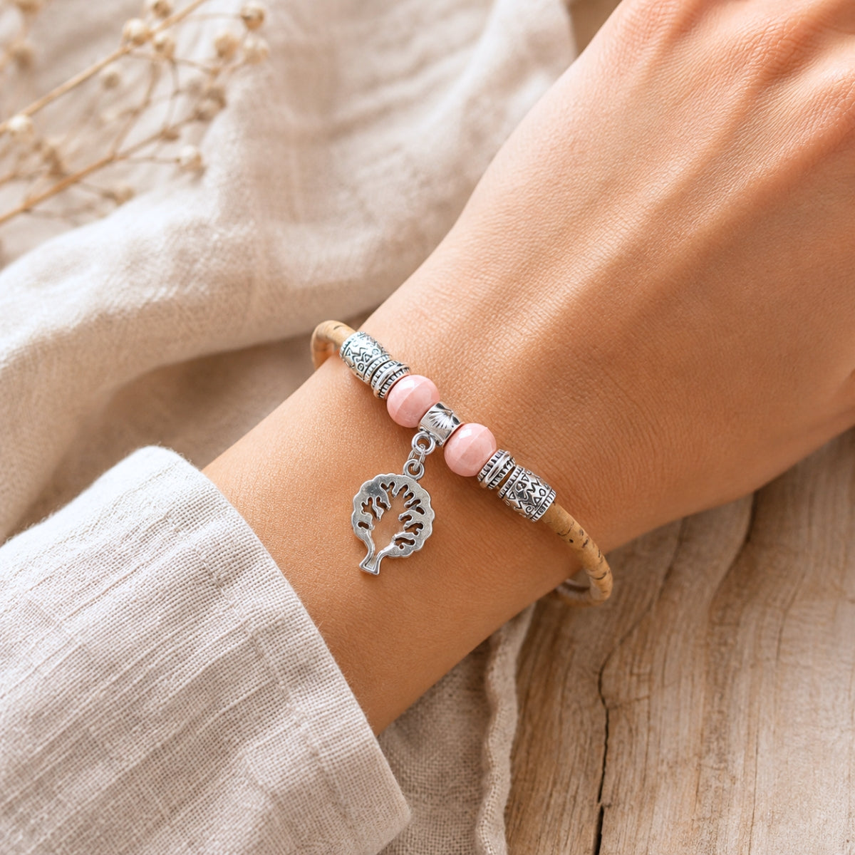 Natural Cork Tree of Life Bracelets – 6 Fixed Colors – Handmade in Portugal，BR-493-MIX-6