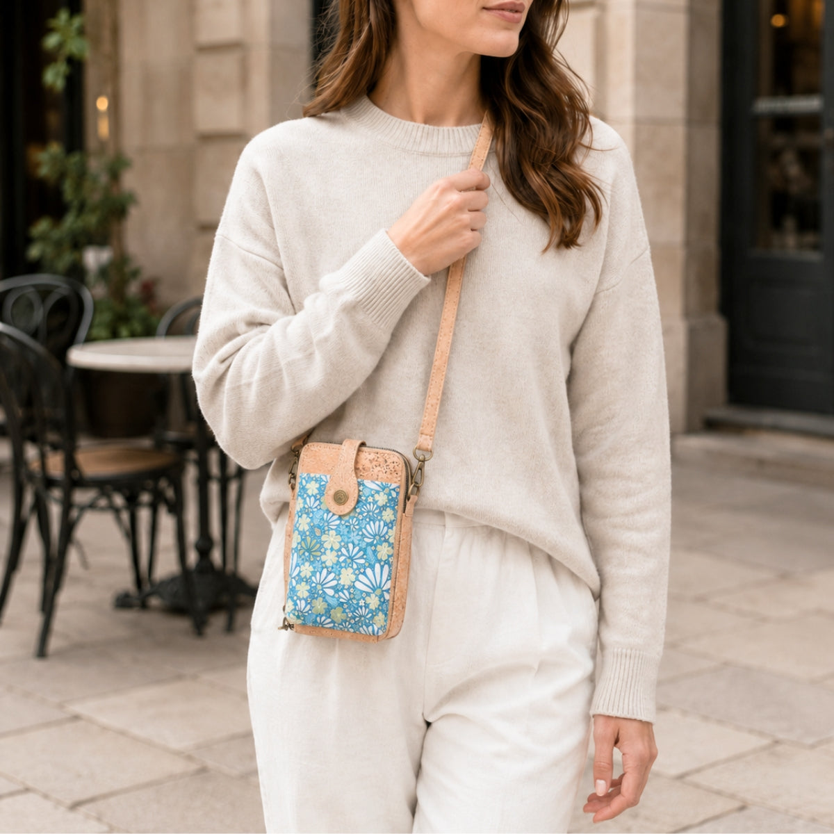 Natural Cork Double Zip Phone Crossbody Bag for Women – Floral Print Vegan Crossbody Wallet BAGD-2402