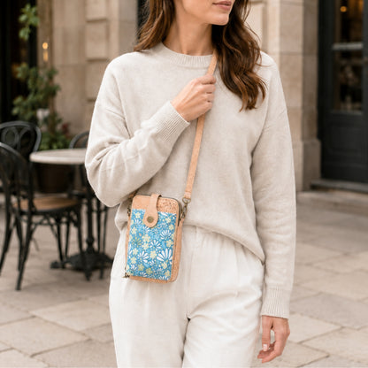 Natural Cork Double Zip Phone Crossbody Bag for Women – Floral Print Vegan Crossbody Wallet BAGD-2402