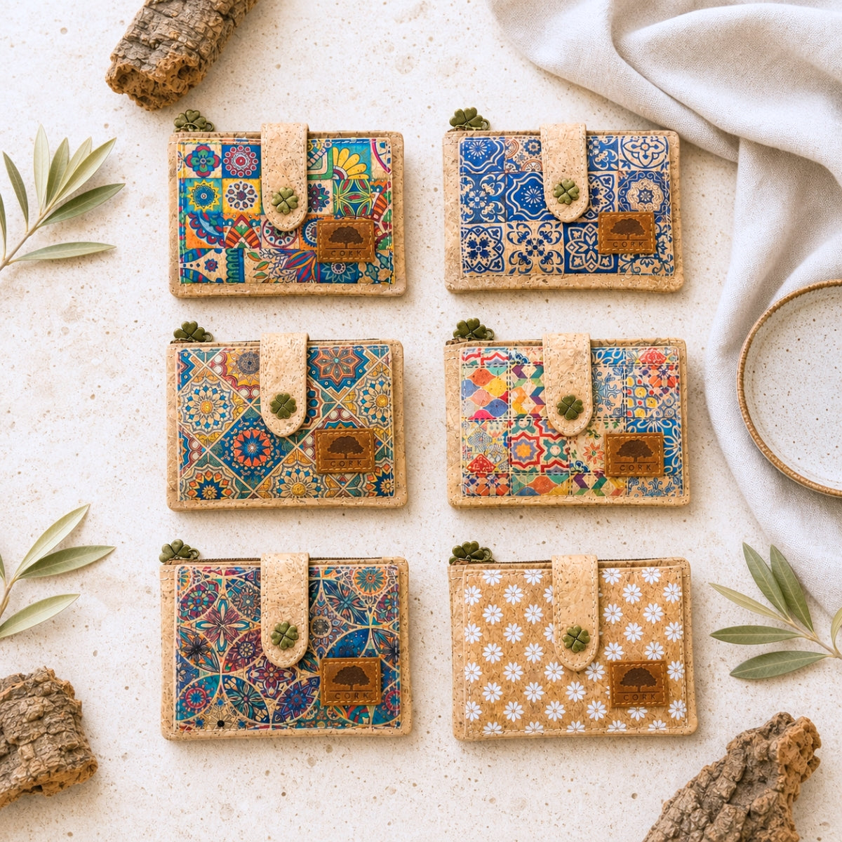 Pack of 6 Printed Cork Wallets with Zip Coin Pocket BAGD-664-MIX-6