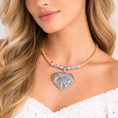 Portuguese Cork Double-Sided Heart Necklace with Rhinestone Pendant NE-1087-5