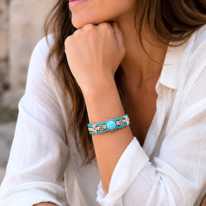 Portuguese Handmade Cork Bracelet with Turquoise Stone &amp; Floral Alloy Charms DBR-060-5