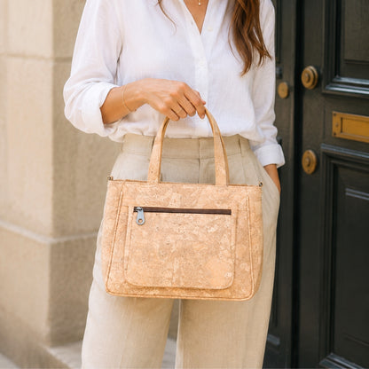 Natural Cork Handbag with Floral Pocket and Detachable Strap BAGD-641