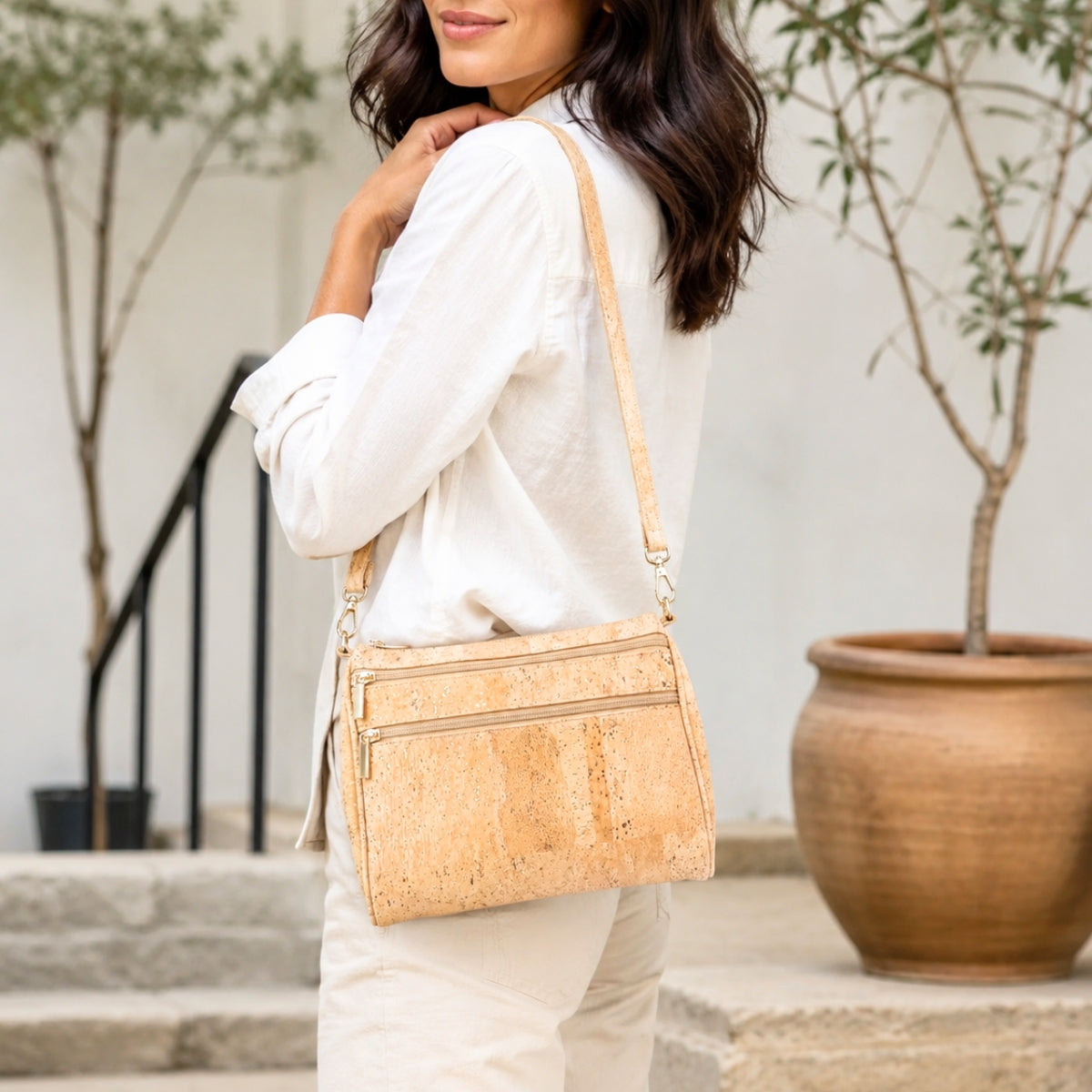 Natural Cork Crossbody Bag for Women with Gold Flecks – Vegan Shoulder Purse BAG-2404