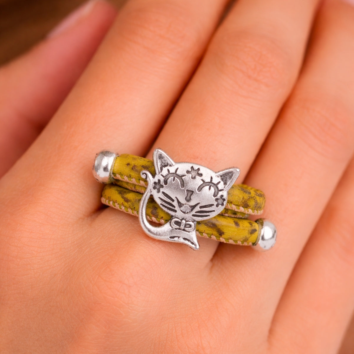 Cute Cat Cork Wrap Ring – Adjustable Portuguese Cork Ring with Alloy Charm RW-023-MIX-10