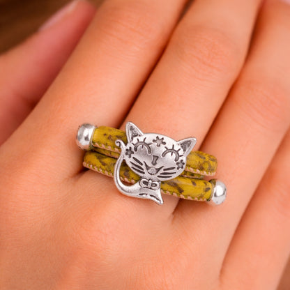 Cute Cat Cork Wrap Ring – Adjustable Portuguese Cork Ring with Alloy Charm RW-023-MIX-10