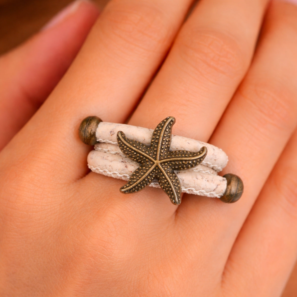 Handcrafted women's ring with natural cork cord and bronze starfish alloy hardware  RW-042-MIX-10