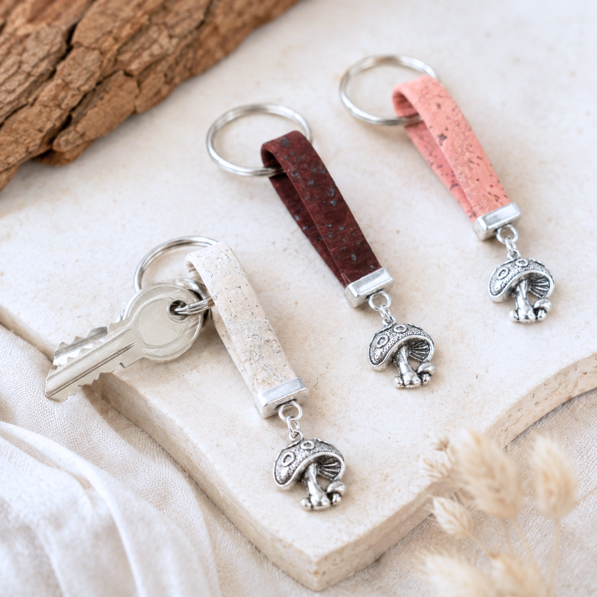 Natural Cork Keychain with Mushroom Charm I-008-MIX-10