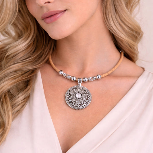 Natural Cork Flower Necklace with Rhinestone Pendant – Handmade Portuguese Jewelry NE-1090-5