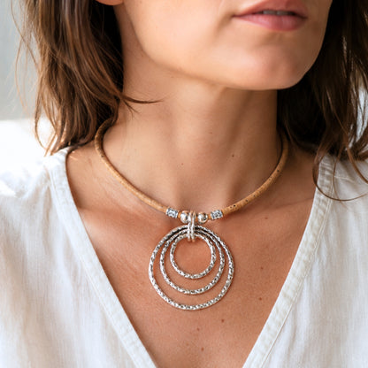Portuguese Handmade Cork Necklace with Triple Circle Alloy Pendant NE-1092-3