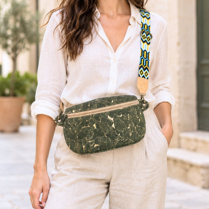 Cork Crossbody Sling Bag with Gold Accents and Patterned Strap BAGP-400