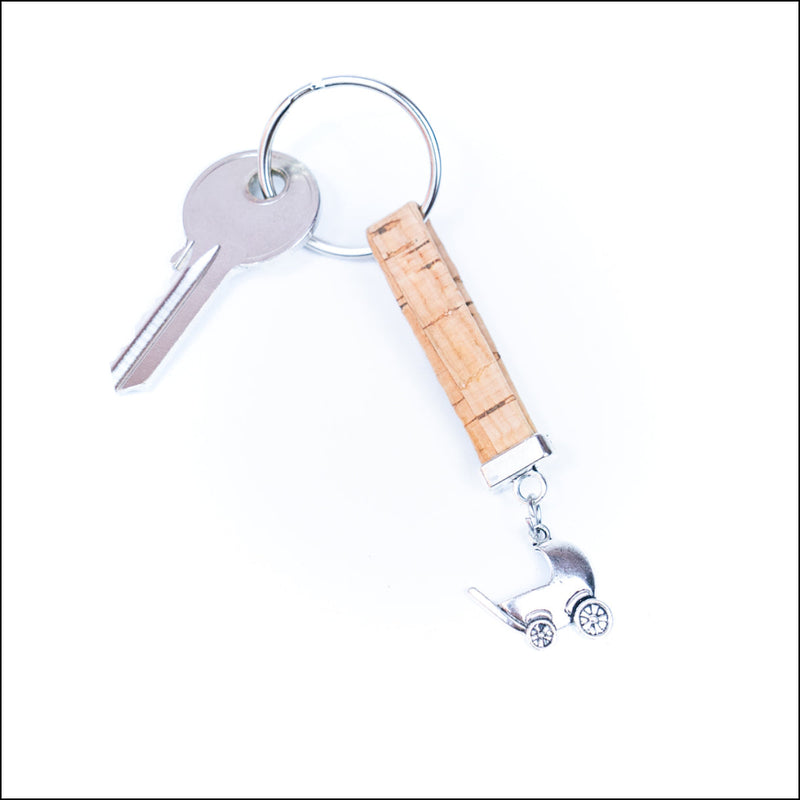 Natural colored cork cord and cute stroller pendant handmade keychain I-088-MIX-10 Flash Sales